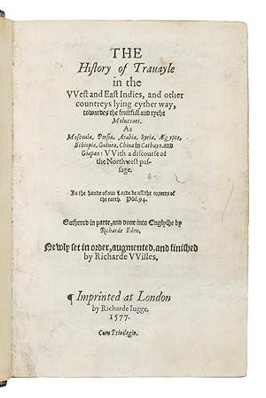 Image du vendeur pour The Navigation and v[o]yages of Lewes Vertomannus, Gentelman of the citie of Rome, to the regions of Arabia, Egypte, Persia, Syria, Ethiopia, and East India, both within and without the ryver of Ganges, etc. In the yeere of our Lorde 1503. Conteynyng many notable and straunge thinges, both hystoricall and naturall. Translated out of Latine into Engylshe, by Richarde Eden.London, Richard Jugge, 1577. 4to. With historiated woodcut initials. Splendid modern full navy blue morocco, bands on spine with title showing faded gilt, covers double-ruled gilt. mis en vente par ASHER Rare Books