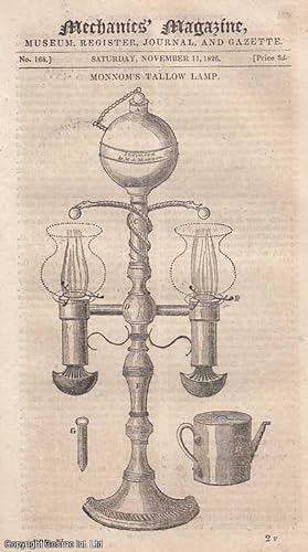Image du vendeur pour Monnom's Tallow Lamp; Folding Muslins, Pullicates; Lees Elements of Arithmetic; Light of The Moon and Planets; Improvement on Woulfe's Apparatus; Practical Perspective; Prize Chronometers; Hydrostatics and Hydraulics; Case in Emerson's Trigonometry, etc. Mechanics' Magazine, Museum, Register, Journal and Gazette. Issue No. 168. A complete rare weekly issue of the Mechanics' Magazine, 1826. mis en vente par Cosmo Books