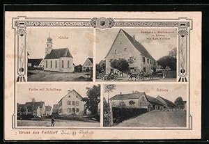 Ansichtskarte Felldorf, Gasthaus und Bierbrauerei zum Löwen, Schloss, Kirche
