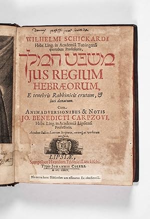 Bild des Verkufers fr Mishpat ha-Melekh: Ius Regium Hebraeorum e Tenebris Rabbinicis Erutum, & Luci Donatum. Cum Animadversionibus et Notis Jo. Benedicti Carpzovi (The Law of the Israelite Kings) [The COPY of PIERRE DANIEL HUET, with his GILT ARMS AT THE COVER] zum Verkauf von ERIC CHAIM KLINE, BOOKSELLER (ABAA ILAB)