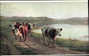 Künstler Ansichtskarte / Postkarte Planquette, F., Die Ufer des Kanals, Kühe