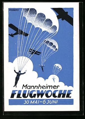 Künstler-Ansichtskarte Mannheim, Flugwoche 1926, Süddeutschland-Flug 1926, Fallschirmspringer