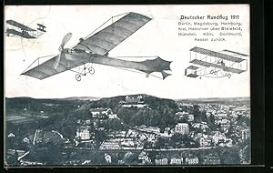 Ansichtskarte Berlin, Deutscher Rundflug 1911 über Berlin, Magdeburg, Hamburg., Flugzeuge in der ...