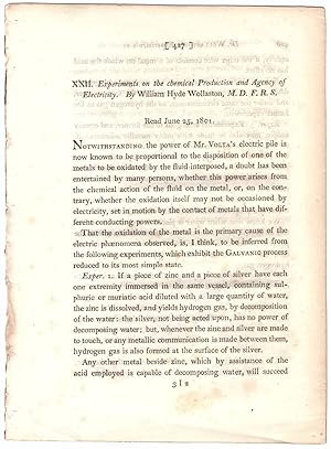 Bild des Verkufers fr Experiments on the Chemical Production and Agency of Electricity" (Philosophical Transactions of the Royal Society of London 91 pp. 427-434) zum Verkauf von Craig Olson Books, ABAA/ILAB