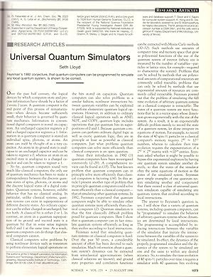 Imagen del vendedor de "Universal Quantum Simulators" (Science 273 No. 5278 pp. 1073-1078, August 23, 1996) a la venta por Craig Olson Books, ABAA/ILAB