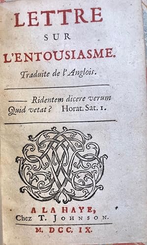 Immagine del venditore per Lettre Sur L'Entousiasme / Traduite de l'Anglois. venduto da Antiquariat Michael Solder
