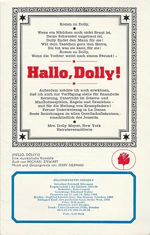 Bild des Verkufers fr Programmheft Jerry Herman: Hallo, Dolly ! ( Hello, Dolly ) Premiere 15. Mrz 1986 Spielzeit 1985 / 86 Heft 4 zum Verkauf von Programmhefte24 Schauspiel und Musiktheater der letzten 150 Jahre