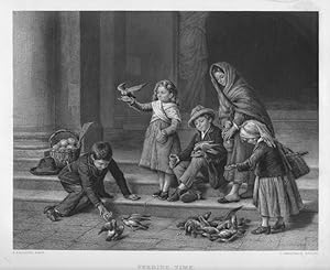 CHILDREN FEEDING THE PIDGEONS After A. PAOLETTI Engraved by GREATBACH ,1880 Steel Engraving