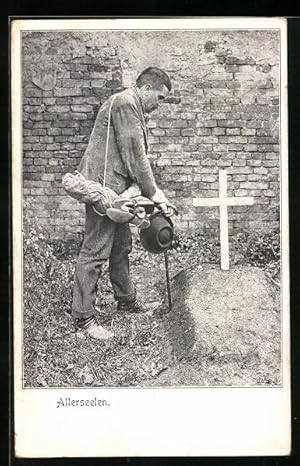 Bild des Verkufers fr Ansichtskarte Mann steht trauernd neben Grab, Allerseelen zum Verkauf von Bartko-Reher