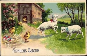 Ansichtskarte / Postkarte Glückwunsch Ostern, Lämmer, Küken, Ostereier, Bauernhof