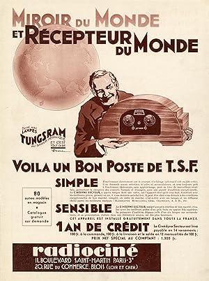 "RADIOCINÉ" Annonce originale entoilée MIROIR DU MONDE années 30