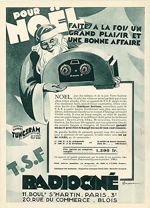 "T.S.F. RADIOCINÉ pour NOËL" Annonce originale entoilée MIROIR DU MONDE années 30