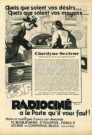 "T.S.F. RADIOCINÉ" Annonce originale entoilée MIROIR DU MONDE années 30