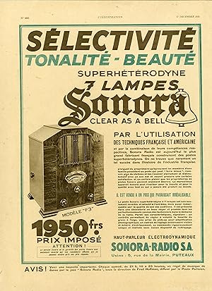 "SONORA Modèle F3" Annonce originale entoilée L'ILLUSTRATION 17/12/1932