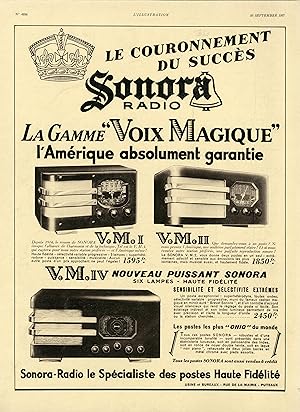 "SONORA Modèle VM" Annonce originale entoilée L'ILLUSTRATION 25/09/1937