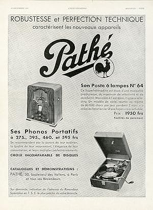"POSTE et PHONO PATHÉ" Annonce originale entoilée L'ILLUSTRATION 16/12/1933