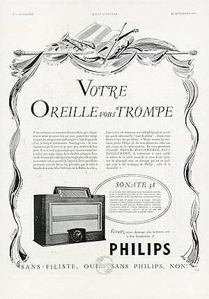 "PHILIPS SONATE 38" Annonce originale entoilée L'ILLUSTRATION 25/09/37