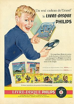 "LIVRE-DISQUE PHILIPS" Annonce originale entoilée illustrée par ELVINGER pour PARIS-MATCH (fin 50)