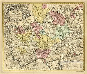 Bild des Verkufers fr Mappa Geographica exhibens Principatum Nassoviae, cum singulis adpertinentibus Comitatibus, Dominiis ac Praefecturis, nec non confiniis intra Flumina Lahnum, Rhenum et Moenum, exactissime excusa sumtibus et curis Tobiae Conradi Lotter, Geograph. August. Vindel. - Georg Friderich Lotter, sculpsit.':. zum Verkauf von Antiquariat Norbert Haas