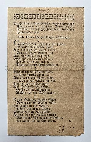 Ein Einfältiges Reim-Gedichte, welches Christoph Saur gemacht hat auf seinen Namen und Geburts-Ta...