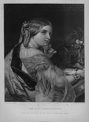 THE FAIR CORRESPONDENT,GIRL WRITING LETTERS After J. SANT Engraved by BOURNE,1867 Steel Engraving