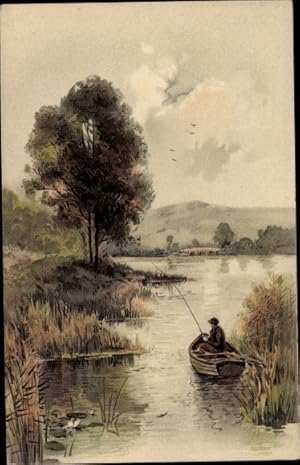 Litho Mann im Ruderboot beim Angeln, Flusspartie