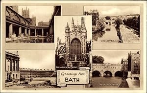 Bild des Verkufers fr Ansichtskarte / Postkarte Bath Somerset England, The Roman Bath, Royal Cresent, Pulteney Bridge, River Avon, Abbey zum Verkauf von akpool GmbH