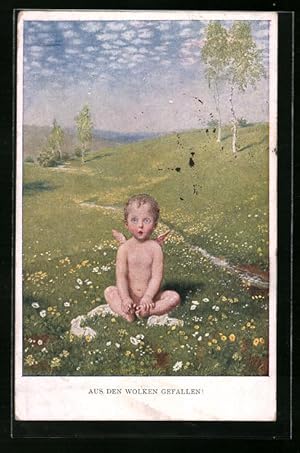 Bild des Verkufers fr Knstler-Ansichtskarte M. Munk Nr. 1162: Aus den Wolken gefallen, Kleiner, nackter Bursche mit Engelsflgeln auf einer Wiese zum Verkauf von Bartko-Reher