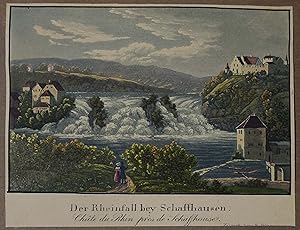 Bild des Verkufers fr Der Rheinfall bey Schaffhausen. Chte du Rhin prs de Schaffhouse. Altkolorierte Aquatinta. Zrich, Rudolf Dikenmann um 1850, 7 x 10,5 cm zum Verkauf von Antiquariat Johannes Mller