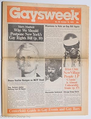 Seller image for Gaysweek: #86, October 16, 1978; Bruce Voeller Resigns as NGTF Head for sale by Bolerium Books Inc.