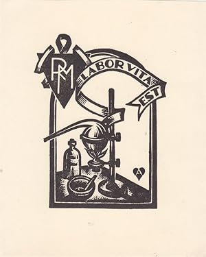 Seller image for R M. Stilleben mit Mrser und Pistill, Flasche und Retorte ber Flamme. "Labor vita est" (Arbeit ist das Leben). for sale by Antiquariat  Braun