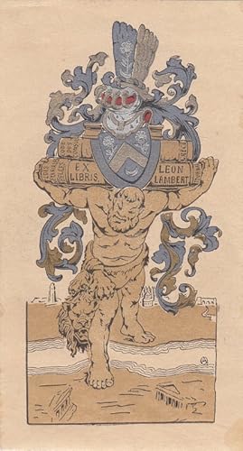 Image du vendeur pour Ex Libris Lon Lambert. Herkules, Folianten und Wappen schulternd. mis en vente par Antiquariat  Braun