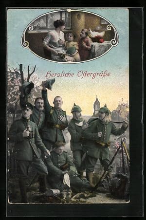 Bild des Verkufers fr Ansichtskarte Herzliche Ostergrsse, Soldaten denken an ihre Familien zu Hause zum Verkauf von Bartko-Reher