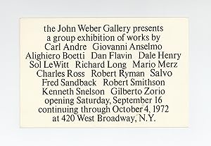 Exhibition card: a group exhibition of works by Carl Andre, Giovanni Anselmo, Alighiero Boetti, D...