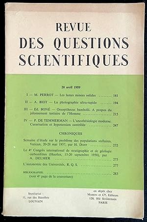 Image du vendeur pour Revue des questions scientifiques, cinquime srie, tome XX, avril 1959 mis en vente par LibrairieLaLettre2