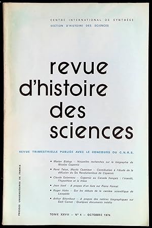 Seller image for Revue d'histoire des sciences Tome XXVII, n4, octobre 1974 for sale by LibrairieLaLettre2