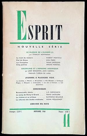 Bild des Verkufers fr Esprit nouvelle srie n332 novembre 1964 - Le silence de l'Europe (1). Unamuno et l'Espagne agonique zum Verkauf von LibrairieLaLettre2