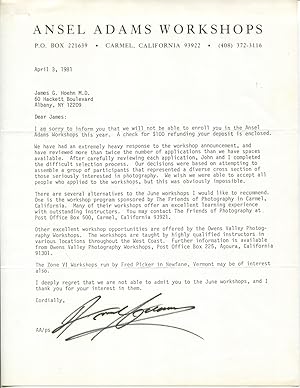 1981 American Photographer Ansel Adams Typed Letter Signed
