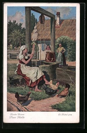 Bild des Verkufers fr Knstler-Ansichtskarte Otto Kubel: Brder Grimm, Frau Holle, Mdchen beim Spinnen am Brunnen, Mrchen zum Verkauf von Bartko-Reher