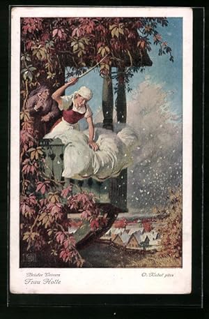 Bild des Verkufers fr Knstler-Ansichtskarte Otto Kubel: Brder Grimm, Frau Holle, Mdchen schtteld das Bett auf, Mrchen zum Verkauf von Bartko-Reher