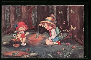 Bild des Verkufers fr Knstler-Ansichtskarte Margret Boriss: Junge mit einer Echse und Mdchen im Wald zum Verkauf von Bartko-Reher