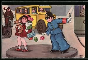 Bild des Verkufers fr Knstler-Ansichtskarte Margret Boriss: Frau mit Paketen und Polizist an der Strassenbahn zum Verkauf von Bartko-Reher
