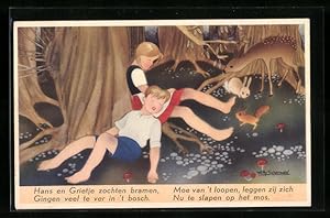 Bild des Verkufers fr Knstler-Ansichtskarte Willy Schermele: Hnsel und Gretel schlafend im Wald mit Tieren zum Verkauf von Bartko-Reher