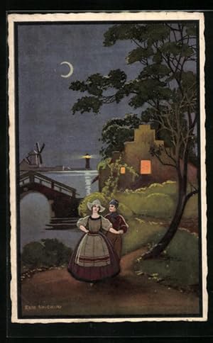 Bild des Verkufers fr Knstler-Ansichtskarte sign. Ezio Anichini: Spaziergang unter dem niederlndischen Nachthimmel zum Verkauf von Bartko-Reher
