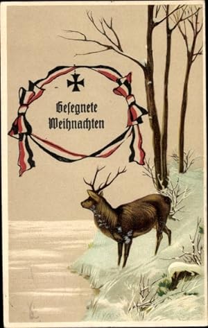 Ansichtskarte / Postkarte Glückwunsch Weihnachten, Kaiserliche Fahne, Hirsch