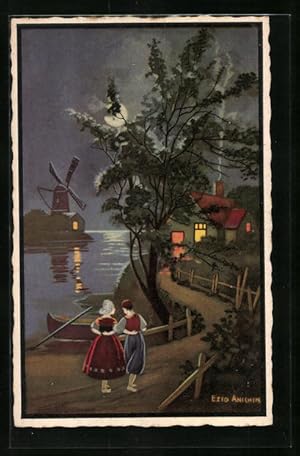 Bild des Verkufers fr Knstler-Ansichtskarte sign. Ezio Anichini: Spaziergang unter dem niederlndischen Nachthimmel zum Verkauf von Bartko-Reher