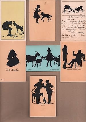 Kleinkonvolut Postkarten mit gedruckten Scherenschnitt-Motiven. 7 Teile.