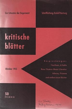 Bild des Verkufers fr Kritische Bltter Zur Literatur der Gegenwart. Heft 1, Okt. 1955. zum Verkauf von Schrmann und Kiewning GbR