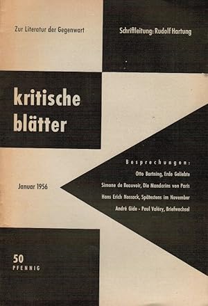 Bild des Verkufers fr Kritische Bltter Zur Literatur der Gegenwart. Heft 4, Januar 1956. Darin u.a.: Simone de Beauvoir, Die Mandarins von Paris zum Verkauf von Schrmann und Kiewning GbR