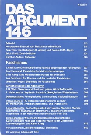 Immagine del venditore per Das Argument. Zeitschrift fr Philosophie und Sozialwissenschaften. Nr. 146 (26. Jahrgang. Juli/August 1984. Faschismus). venduto da Schrmann und Kiewning GbR